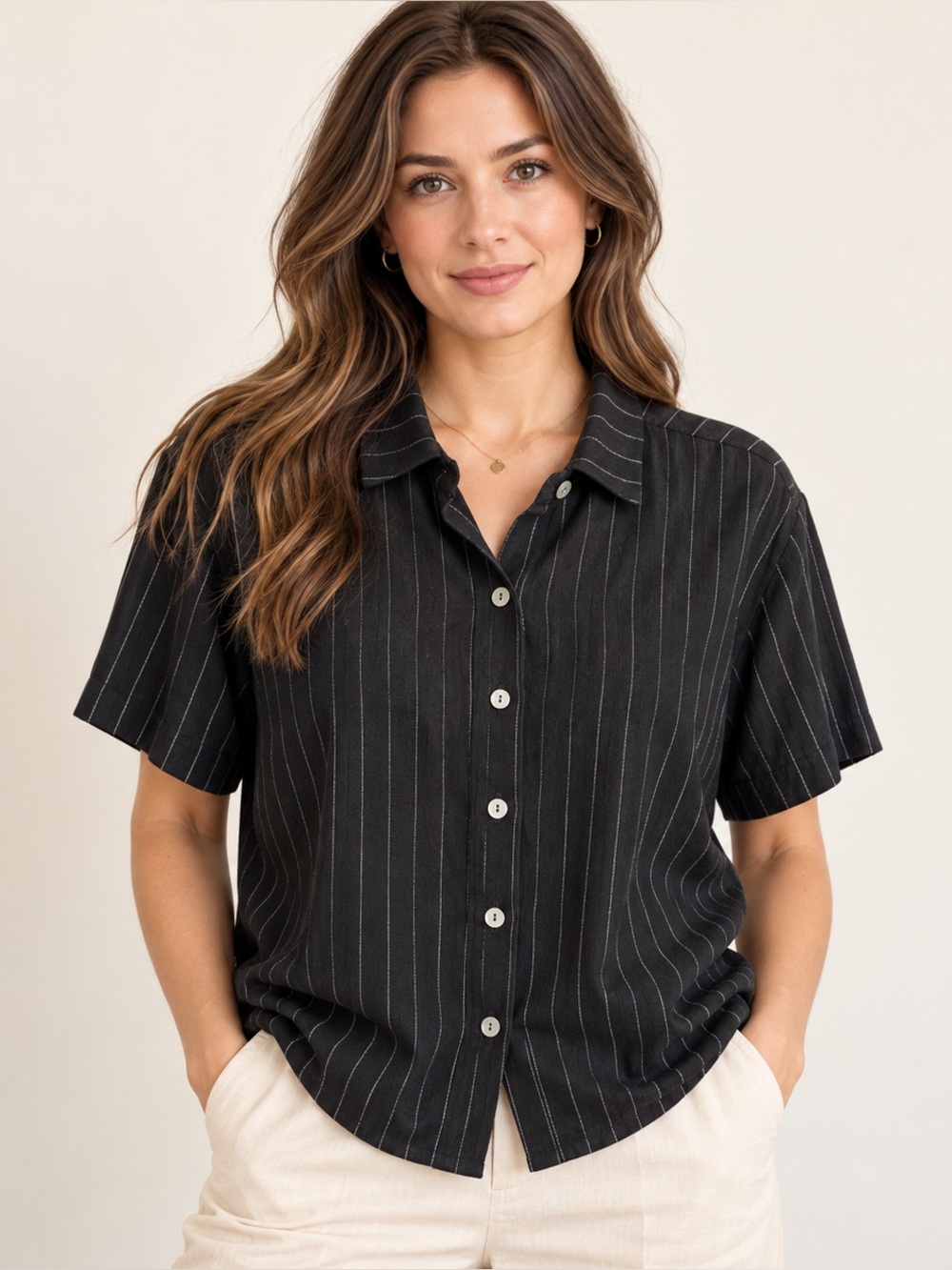 Chaser Black Pinstripe Women’s Short-Sleeve Button-Up Top Linen Blend Sz Small